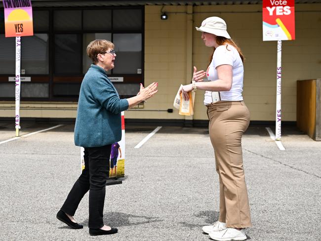 A woman argues with a YES23 Volunteer at Plympton Glenelg RSL polling place in Adelaide. Picture: Morgan Sette/NCA Newswire