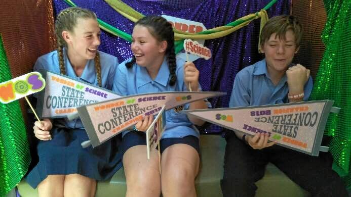 WONDERS: Annabel Flower, Tamarlia Storch and Edward Schefe celebrate their success at the University of Queensland Wonder of Science competition. Picture: Jo RIckerts