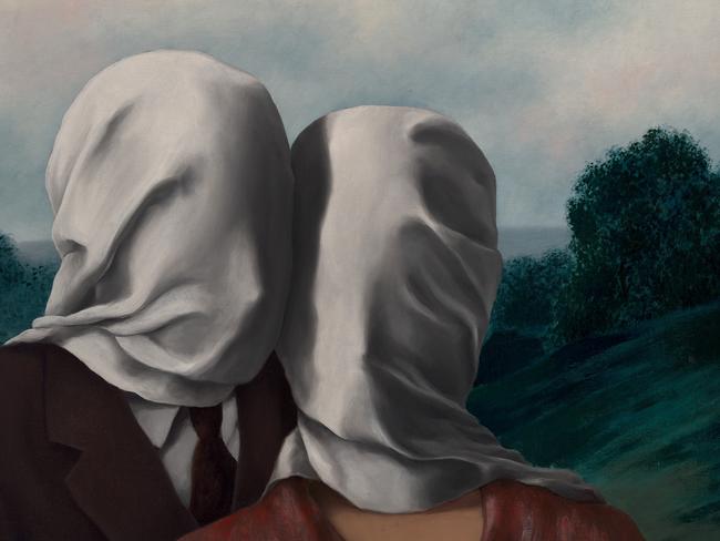 RenÃ© Magritte â€˜The lovers (Les amants)â€™ 1928, oil on canvas, 54 Ã— 73 cm, National Gallery of Australia, Canberra, purchased 1990, 90.1583 Â© Copyright Agency, Sydney 2024  ***These images may only be used in conjunction with editorial coverage of the Magritte exhibition, 26 October 2024 â€“ 9 February 2025, at the Art Gallery of New South Wales, and strictly in accordance with the terms of access to these images â€“ see artgallery.nsw.gov.au/info/access-to-agnsw-media-room-tcs . Without limiting those terms, these images must not be cropped or overwritten; prior approval in writing is required for use as a cover; caption details must accompany reproductions of the images; and archiving is not permitted. ***   Media contact: media@ag.nsw.gov.au