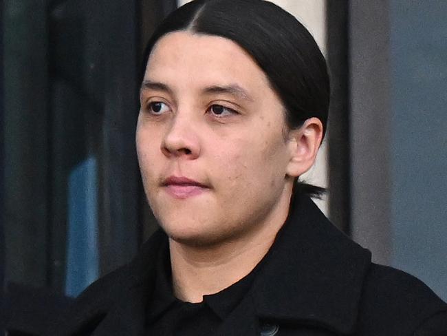 KINGSTON UPON THAMES, ENGLAND - FEBRUARY 06: Australian footballer Sam Kerr leaves Kingston Crown Court on February 06, 2025 in Kingston upon Thames, England. The Matildas star, who also plays professionally for Chelsea in the Women's Super League, is facing charges of "racially aggravated harassment" of a police officer related to an incident in Twickenham on January 30, 2023.   (Photo by Leon Neal/Getty Images)