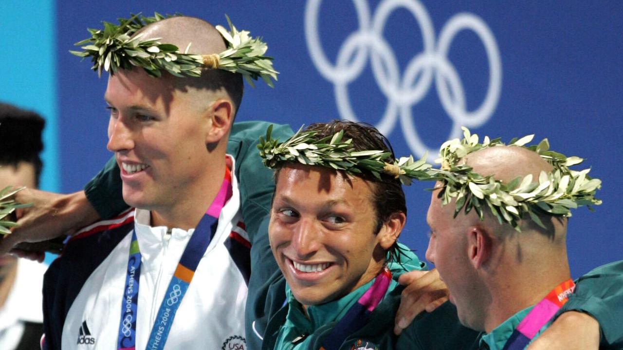 Klete Keller on the podium with Ian Thorpe and Grant Hackett after taking bronze in the 400m freestyle final at the 2004 Olympic Games in Athens.
