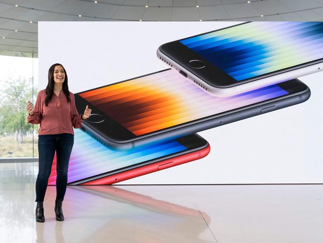 Apple's Francesca Sweet talks about the enhanced features of the new iPhone SE, during a special event at Apple Park in Cupertino, California. Picture: AFP PHOTO / Brooks Kraft / Apple Inc