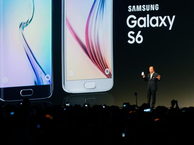 Big launch ... CEO and President of Samsung JK Shin presents the new Samsung Galaxy S6 during the Mobile World Congress on March 1 in Barcelona.