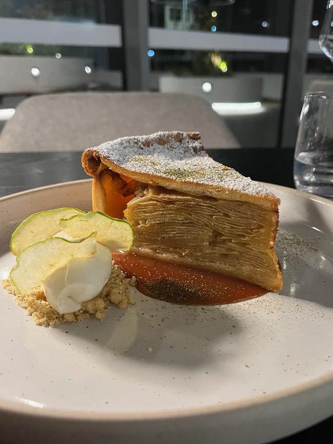 Leatherwood’s apple pie which features many layers of thinly sliced local apples and comes served with Tasmanian whisky butterscotch sauce. Picture: Supplied