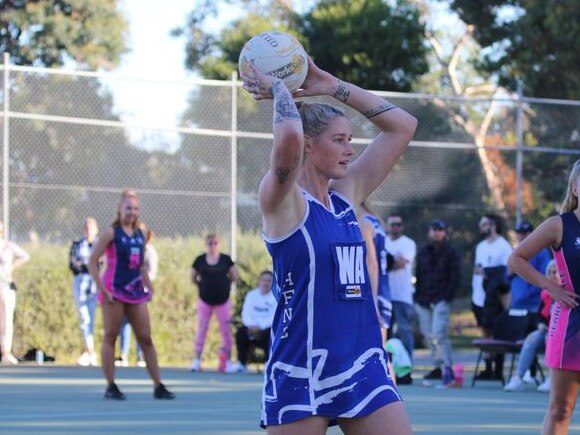 Tayla Harris playing for Hastings' netball side on Saturday.