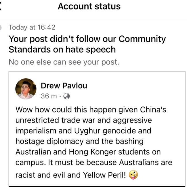 A screenshot of the shared comments Mr Pavlou made before receiving a temporary 30-day Facebook ban.