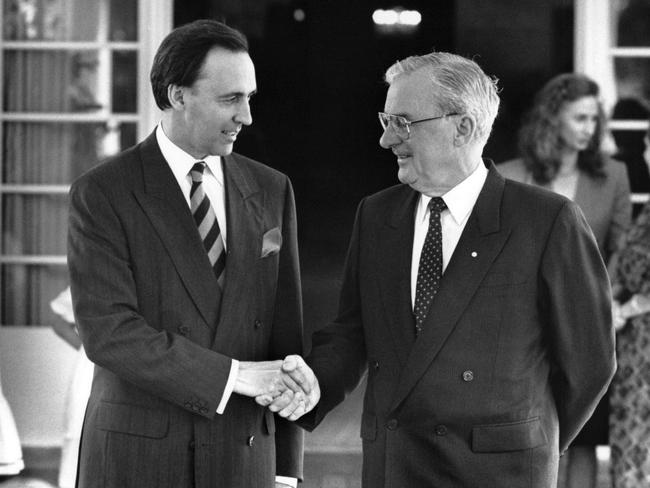 Governor-general Bill Hayden (right) after swearing in Paul Keating as prime minister after Bob Hawke was defeated in a Labor leadership ballot