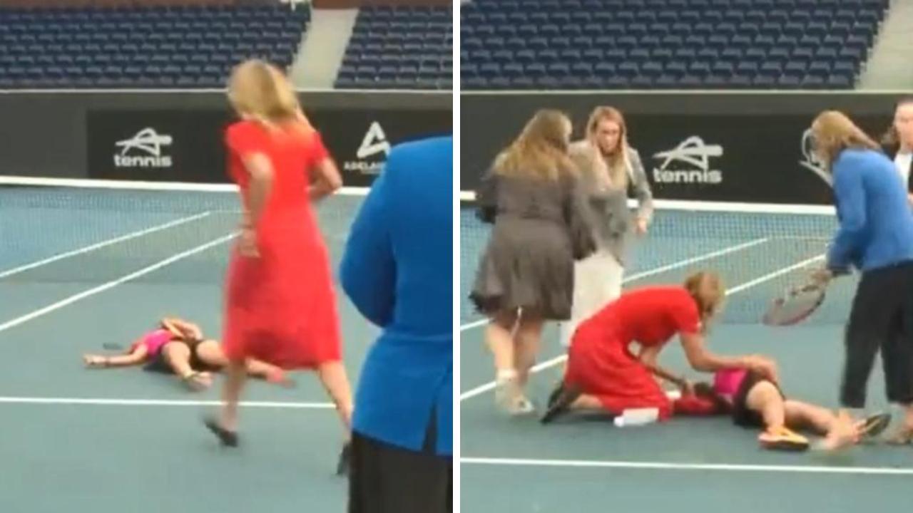 Alicia Molik abruptly ran from her press conference when a young girl collapsed. Picture: 7NEWS.