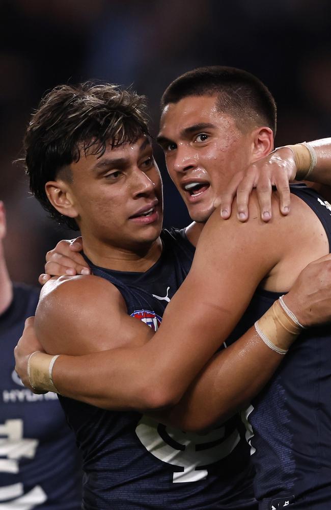 Jesse Motlop of the Blues celebrates a goal against St Kilda. Picture: Darrian Traynor/Getty Images.