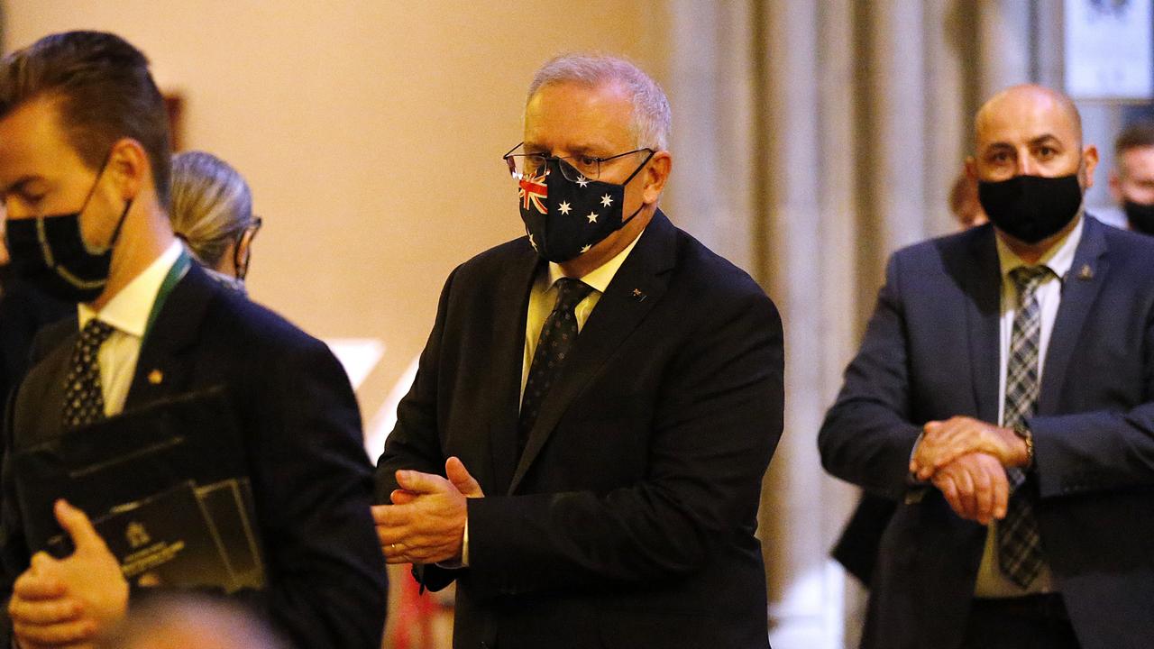 Prime Minister of Australia Scott Morrison arrives ahead of Bert Newton’s state funeral. Picture: Darrian Traynor/Getty Images