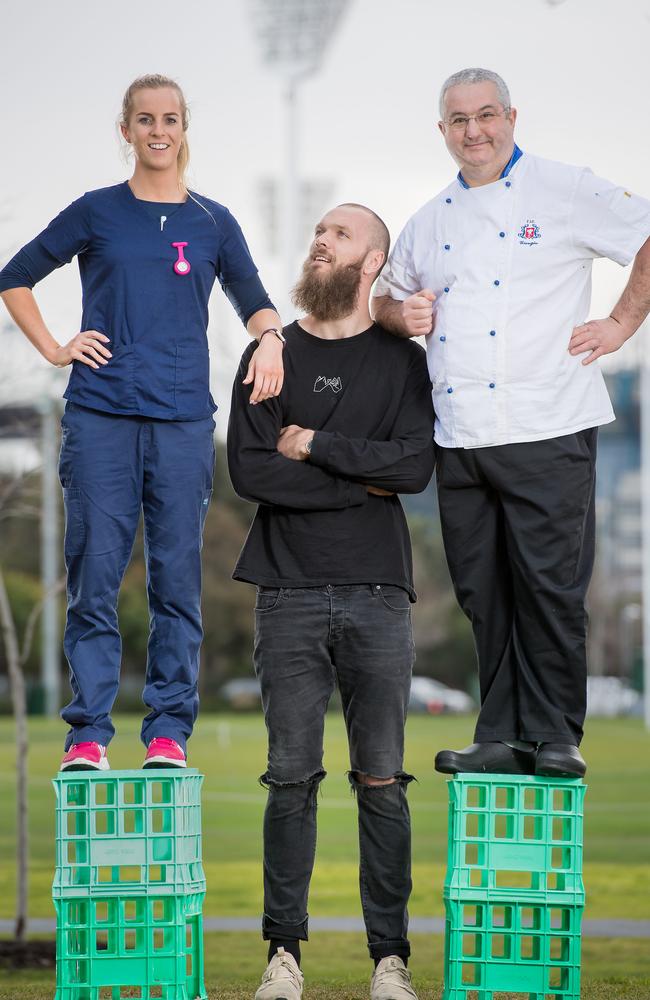 Nurse Deirdre Fitzpatrick, Melbourne AFL player Max Gawn and head chef Giorgio Distefano from restaurant Ms Frankie. Picture: Jason Edwards