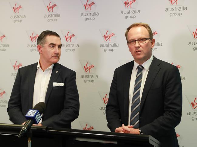 Virgin Australia chief Paul Scurrah and administrator Vaughan Strawbridge of Deloitte. Picture: John Feder