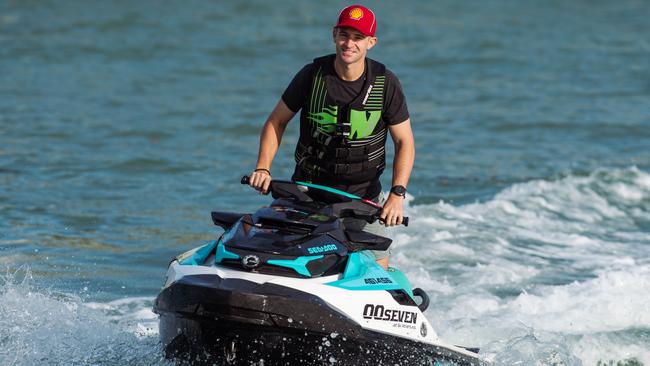 Shell V-Power Racing’s Will Davison looked like a pro out on the water, even getting some air in a choppy Darwin Harbour. Picture: Pema Tamang Pakhrin.