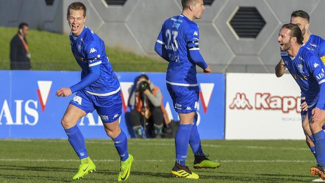 Star South Melbourne midfielder Marcus Schroen celebrates a goal last season. Picture: Mark Avellino