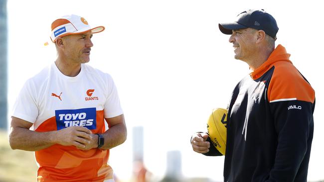 Assistant coach Brett Montgomery and Coach Adam Kingsley during GWS Giants training on June 12, 2024.. Photo by Phil Hillyard(Image Supplied for Editorial Use only - **NO ON SALES** - Â©Phil Hillyard )