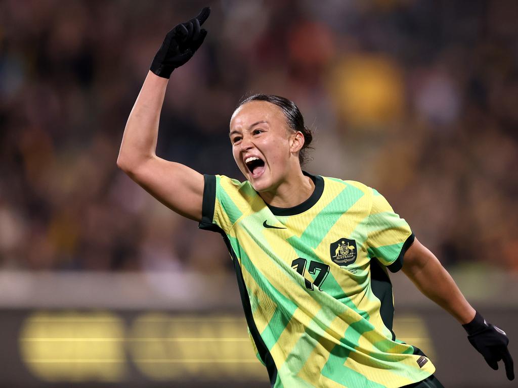 Amy Sayer celebrates scoring one of her two goals for the Matildas. Picture: Getty Images