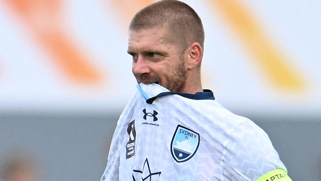 HOBART, AUSTRALIA - JANUARY 21: Luke Brattan of Sydney FC reacts after a United goal during the round 13 A-League Men's match between Western United and Sydney FC at North Hobart Oval, on January 21, 2023, in Hobart, Australia. (Photo by Steve Bell/Getty Images)