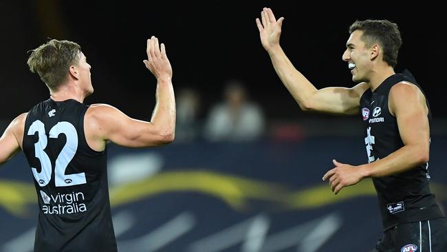 GOLD COAST, AUSTRALIA - SEPTEMBER 08: Jack Newnes of the Blues celebrates kicking a goal during the round 16 AFL match between the Carlton Blues and the Sydney Swans at Metricon Stadium on September 08, 2020 in Gold Coast, Australia. (Photo by Matt Roberts/AFL Photos/via Getty Images)