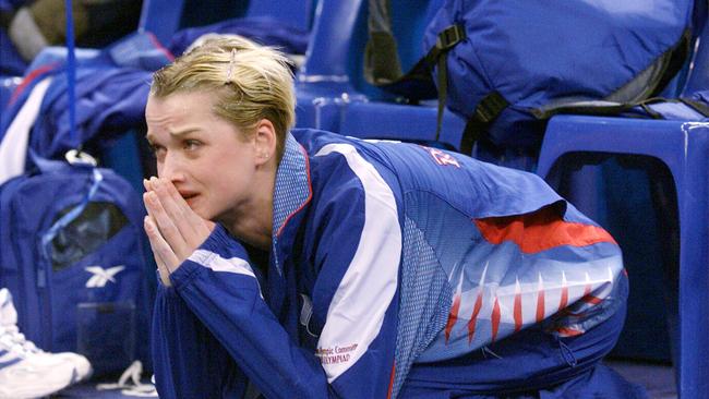 Svetlana Khorkina looks on during the women's gymnastic team finals at the Sydney Olympic Games.