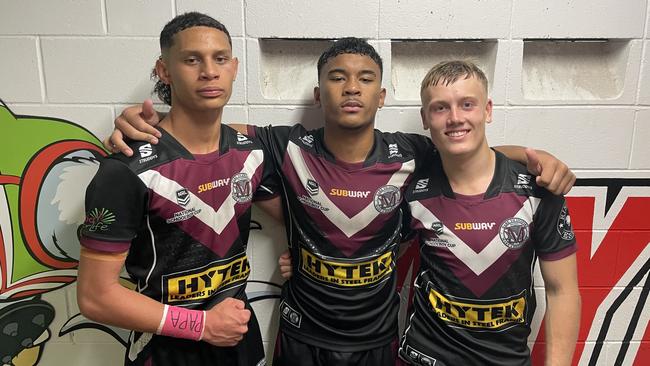 Marsden State High's Chris Vaimili Toalepai, Zack Lotaki and Nathan Phelps after their semi-final win. Picture: Andrew Dawson