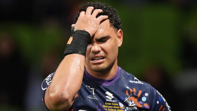 MELBOURNE, AUSTRALIA - JUNE 29: Xavier Coates of the Storm leaves the field with an injury during the round 17 NRL match between Melbourne Storm and Canberra Raiders at AAMI Park, on June 29, 2024, in Melbourne, Australia. (Photo by Daniel Pockett/Getty Images)