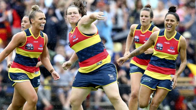 Sarah Perkins celebrates a goal against GWS in Round 1. Picture: Sarah Reed