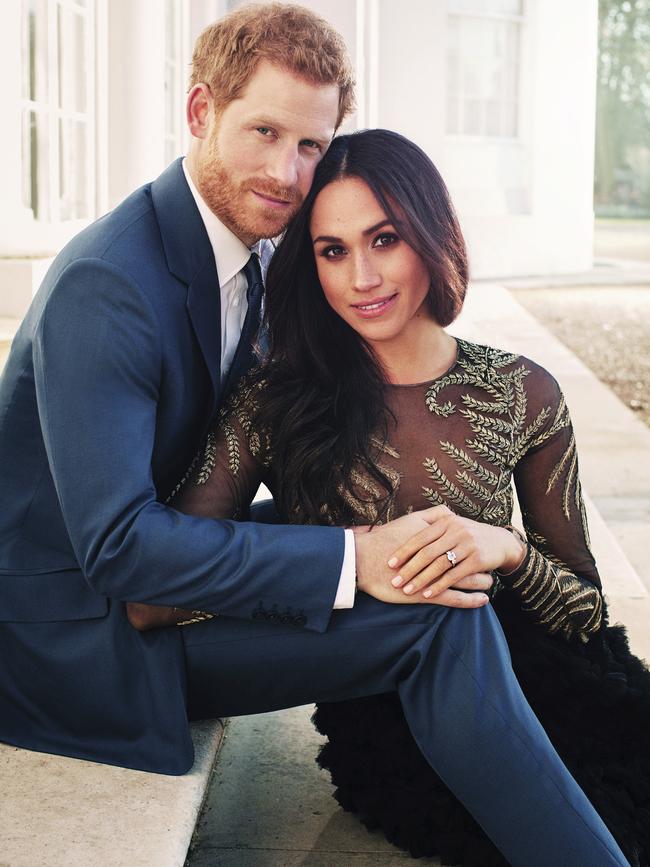 Meghan chose a Ralph and Russo gown for the couple’s official engagement portrait in December 2017. Picture: AP