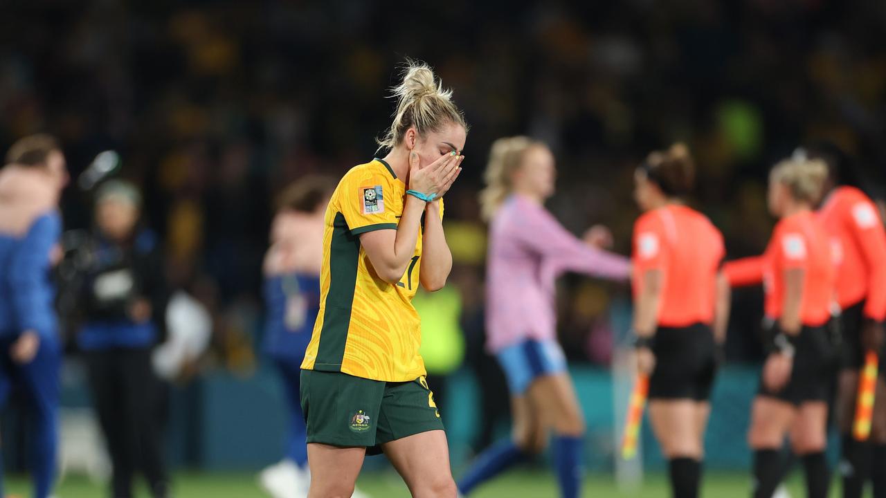 A devastated Ellie Carpenter reacts after fulltime. She has since received a torrent of abuse on social media. Picture: Getty