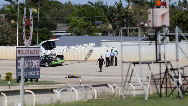 Police at Redcliffe Paceway following an accident which left a 2-year-old girl in a critical condition. Photo Tara Croser.