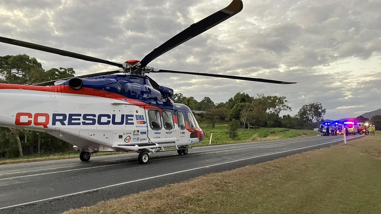 BMA CQ Rescue was tasked to Proserpine after a horror crash on the Bruce Highway at Myrtlevale on August 15. The AW139 landed on the highway and has transported man in his 60s for further treatment at Mackay Base Hospital. Picture: BMA CQ Rescue