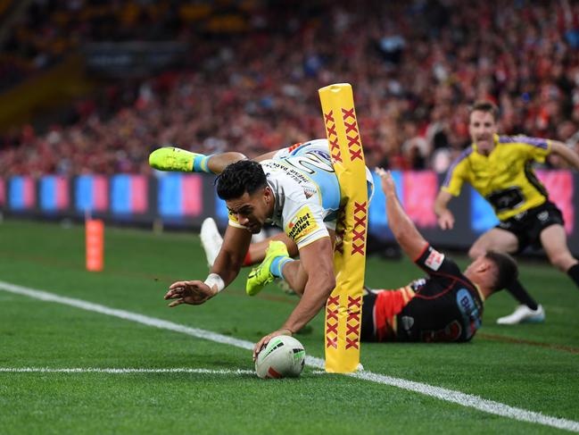 He may have a knack for finding the tryline, but Khan-Pereira says his biggest focus is on improving his defence. Picture: NRL Images