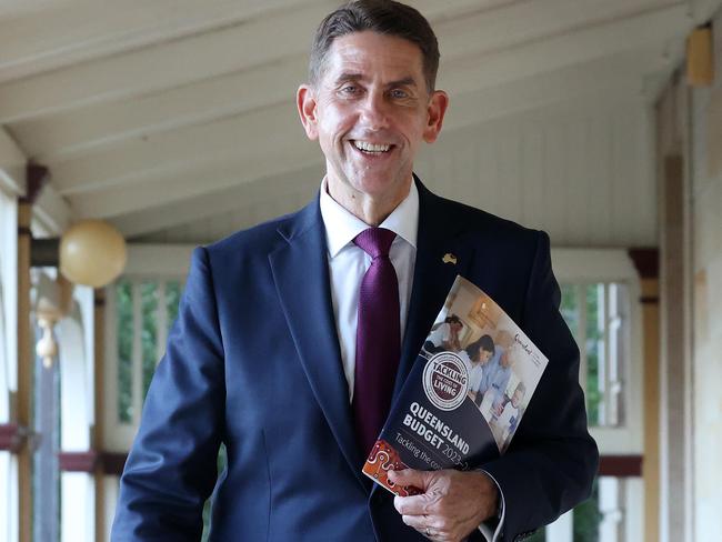 Treasurer Cameron Dick with his budget, Parliament House, Brisbane. Picture: Liam Kidston