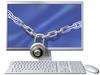 Online Internet security - social networks. Isolated illustration of a computer secured with a large chain and padlock lock.