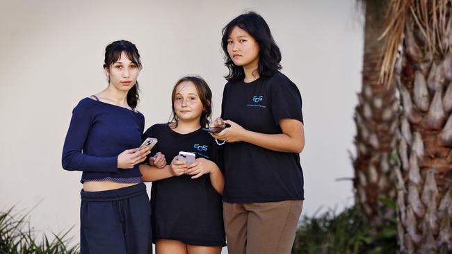 Teens Gemma Rubin, Daphne Sharma and Maura Yunasha talk about the dangers of cyber bullying. Picture: Sam Ruttyn