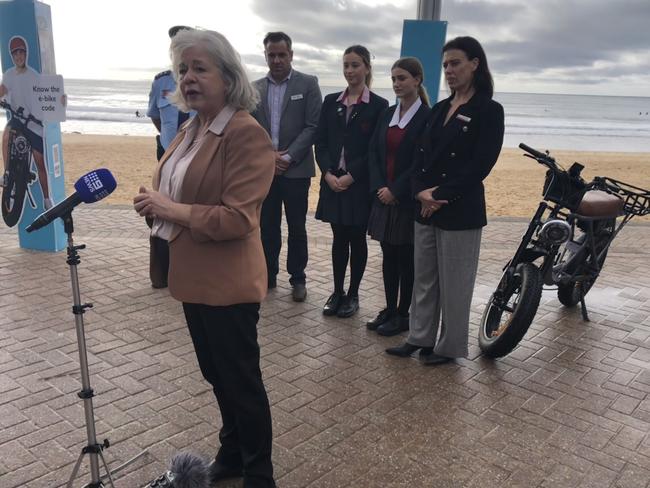 Mayor Sue Heins at the launch, at Manly Beach, of the "E Bike – Know The Code" campaign by Northern Beaches Council in May, 2024.