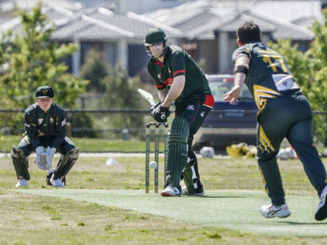 Casey Cardinia Cricket Association Round 1: Clyde v Tooradin. Clyde keeper James North and Tooradin batsman Callum O'Hare. Picture: Valeriu Campan