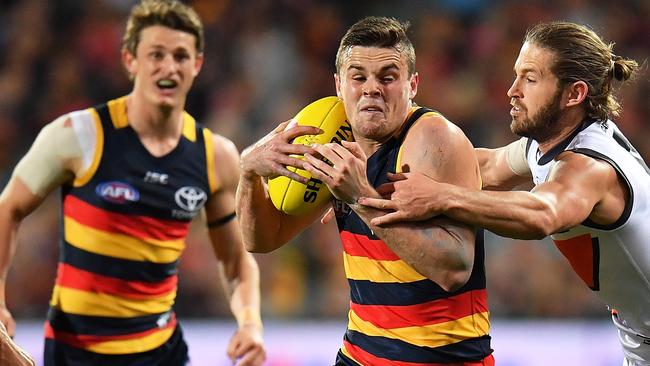 Matt Crouch (rear) was right by brother Brad’s side in the win over GWS. Picture: Getty Images