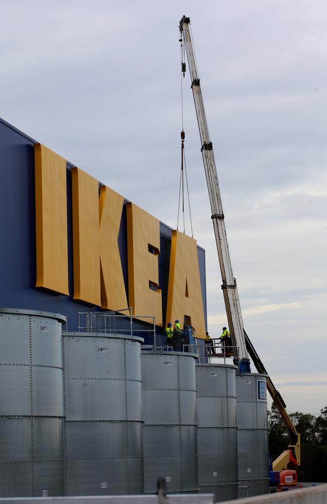 The final part of the Ikea sign at North lakes going into place – the big A. Picture: Chris Higgins