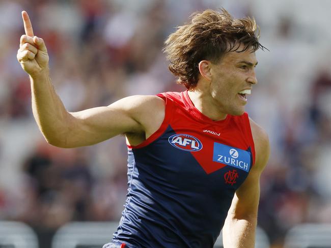 NCA. MELBOURNE, AUSTRALIA. April 19th, 2025 . AFL Round 6 .    Melbourne vs Fremantle at the MCG.  Jack Viney of the Demons celebrates a 1st quarter goal    .   Picture: Michael Klein