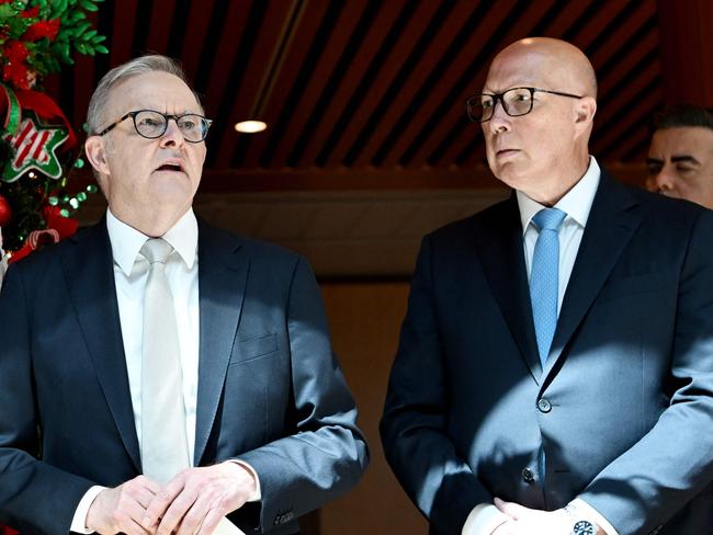 Australia's Prime Minister Anthony Albanese (L) talks with Australia's Opposition Leader Peter Dutton at the Wishing Tree at Parliament House in Canberra (Photo by TRACEY NEARMY / AFP)