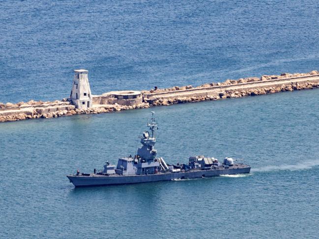 An Israeli Navy corvette patrols along the coast of the northern port city of Haifa amid tensions during the ongoing war between Israel and Hamas movement in the Gaza Strip. Picture: AFP