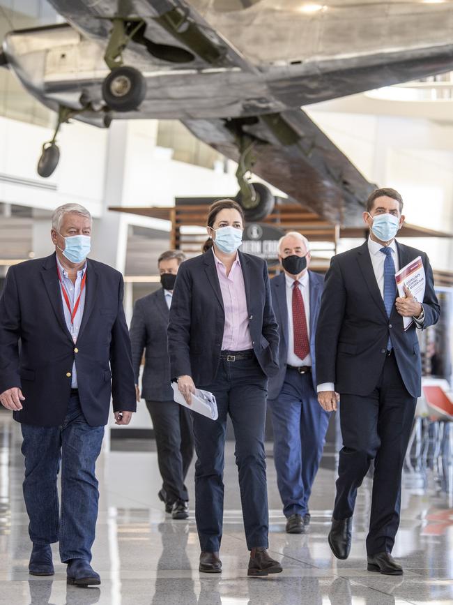 John Wagner, Qld Premier Annastacia Palaszczuk and Cameron Dick announced Boeing would produce its Loyal Wingman drone at the Wellcamp Aerospace Precinct. Picture: Nev Madsen.