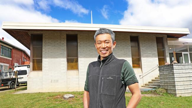 Owner of Masaaki's Sushi in Geeveston, Masaaki Koyama outside his soon to be sushi restaurant which once was a church. Picture: Zak Simmonds