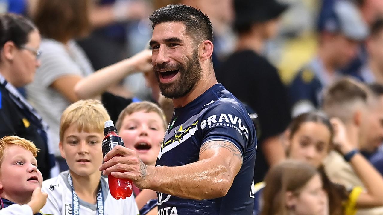 TOWNSVILLE, AUSTRALIA - MARCH 04: James Tamou of the Cowboys greets fans during the round one NRL match between the North Queensland Cowboys and the Canberra Raiders at Qld Country Bank Stadium on March 04, 2023 in Townsville, Australia. (Photo by Albert Perez/Getty Images)