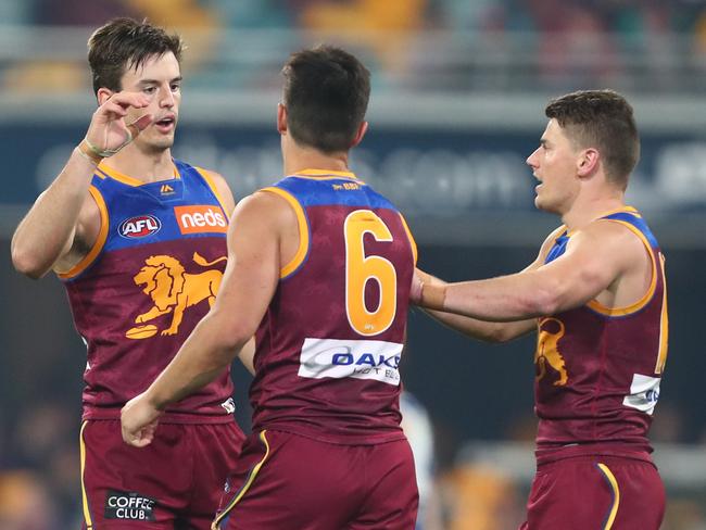 BRISBANE, AUSTRALIA - JULY 20: Jarryd Lyons of the Lions celebrates a goal during the round 18 AFL match between the Brisbane Lions and the North Melbourne Kangaroos at The Gabba on July 20, 2019 in Brisbane, Australia. (Photo by Chris Hyde/Getty Images)