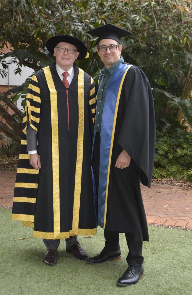 Former Courier-Mail journalist and award-winning author Trent Dalton was named a Fellow of the University at the University of Southern Queensland on September 26, 2024, pictured here with Chancellor John Dornbusch.