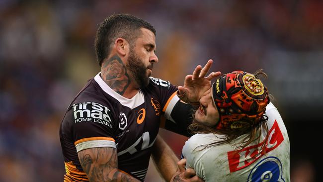 BRISBANE, AUSTRALIA – JULY 27: Adam Reynolds of the Broncos and Josh Curran of the Bulldogs confront each other during the round 21 NRL match between Brisbane Broncos and Canterbury Bulldogs at Suncorp Stadium, on July 27, 2024, in Brisbane, Australia. (Photo by Albert Perez/Getty Images)