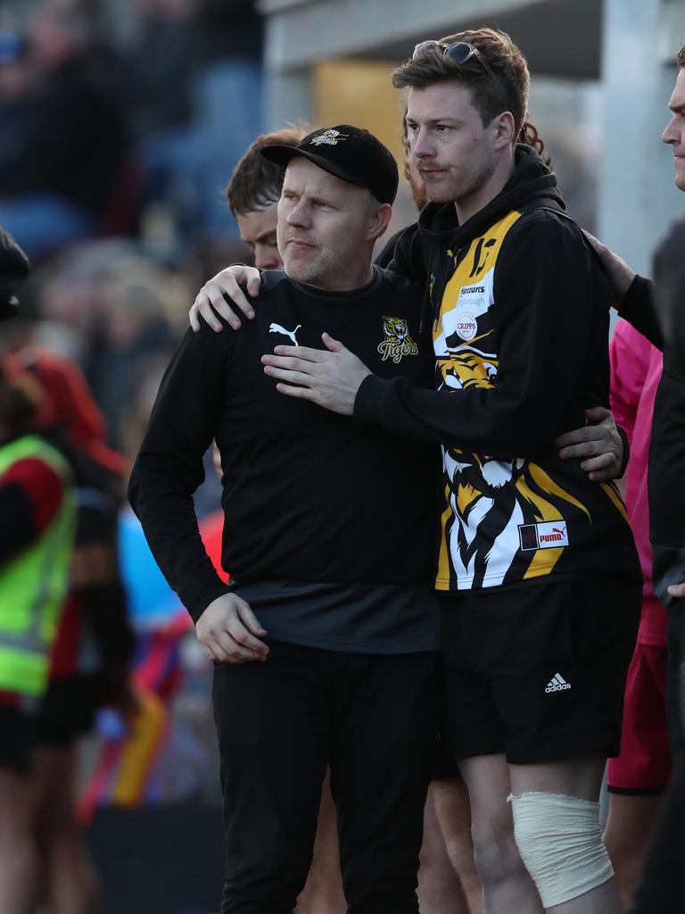 Trent Baumeler Tigers coach with Lochie Griggs just before the final siren. TSL grand final Kingborough Tigers V North Launceston. Picture: Nikki Davis-Jones