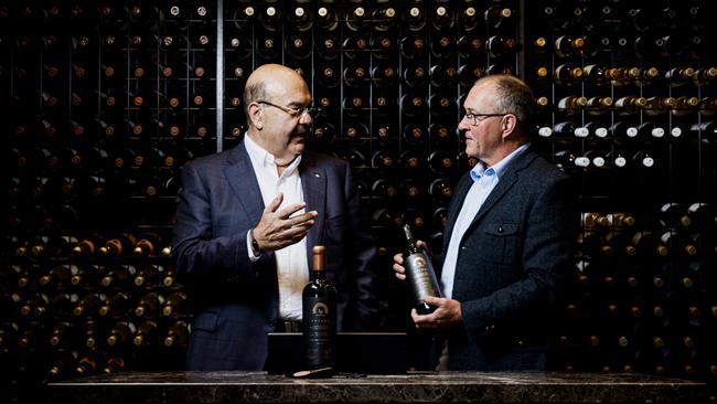 Levantine Hill owner Elias Jreissati and chief winemaker Paul Bridgeman with their Optume vintage.