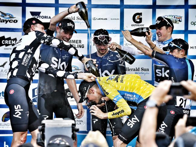 Team Sky celebrate their Herald Sun Tour victory. Picture: Michael Klein